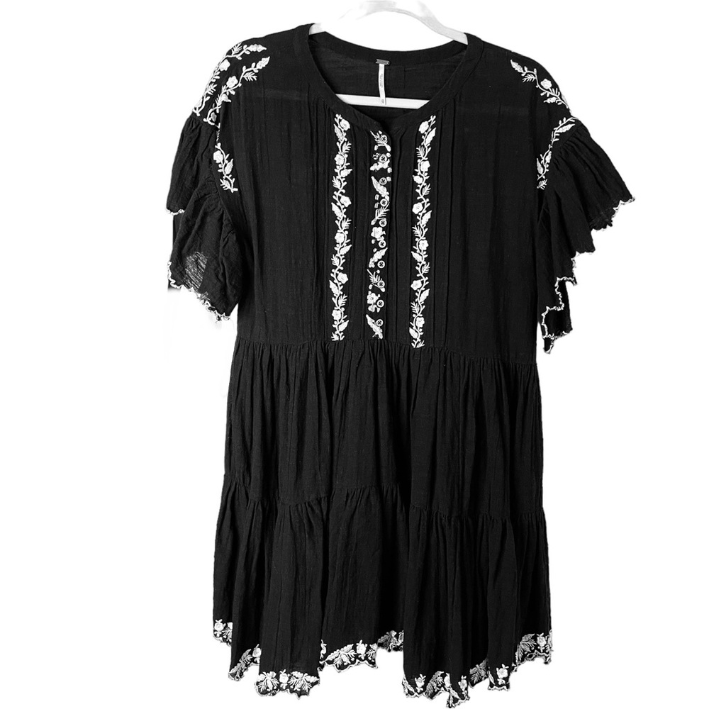 Free People Womens Tunic Mini Dress  XS Black Embroidered Flare Boho